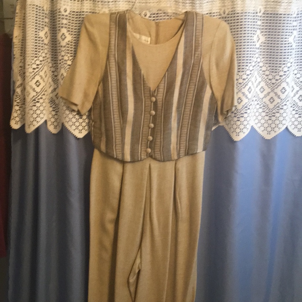 Women's Taupe Jumpsuit with Striped Vest